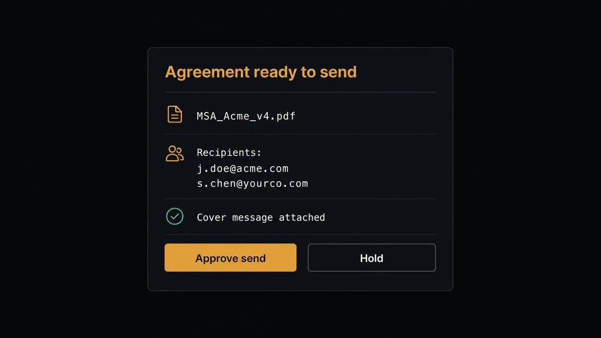 A dark Slack-style approval card on a #0C0E12 field titled "Agreement ready to send"