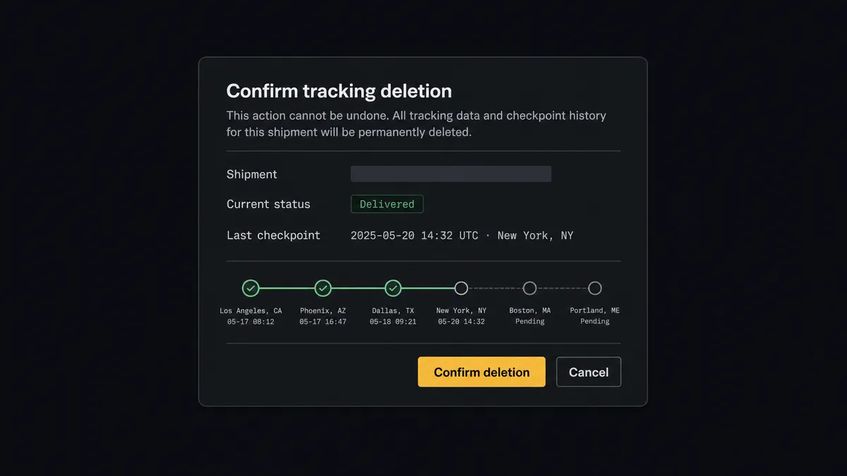 A dark Slack-style approval card on a #0C0E12 field titled "Confirm tracking deletion"