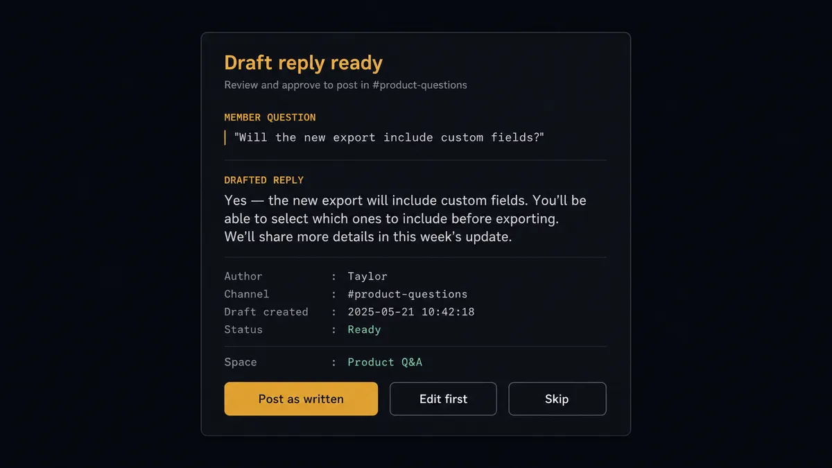 A dark Slack-style approval card on a #0C0E12 field titled "Draft reply ready" showing a quoted member question line, a drafted reply paragraph beneath it, and a footer reading "Space: Product Q&A"