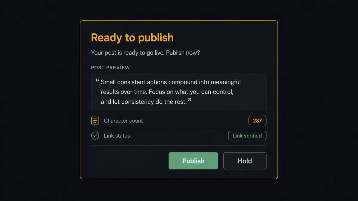 A dark #0C0E12 Slack-style approval card titled "Ready to publish"