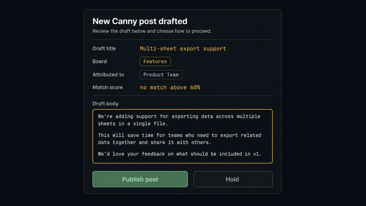 A dark #0C0E12 Slack-style approval card titled "New Canny post drafted"