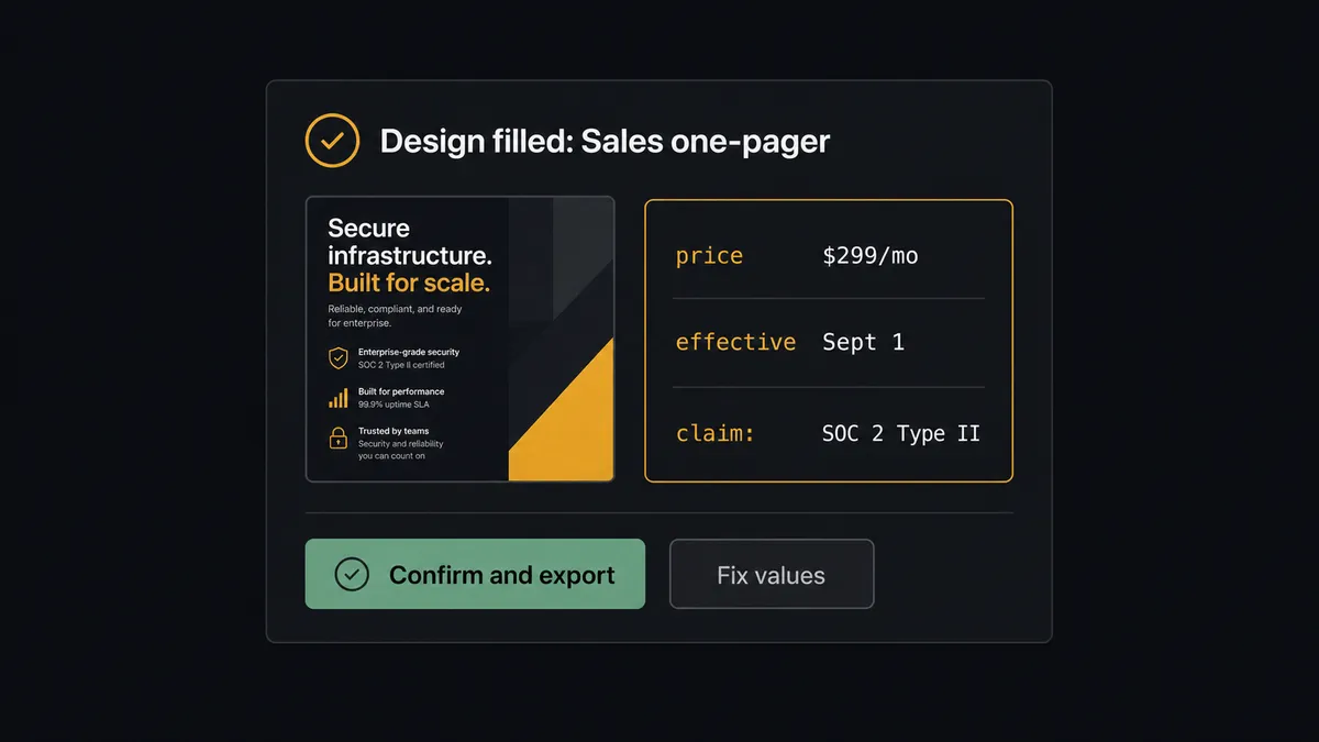 A dark #0C0E12 Slack-style approval card titled "Design filled: Sales one-pager"
