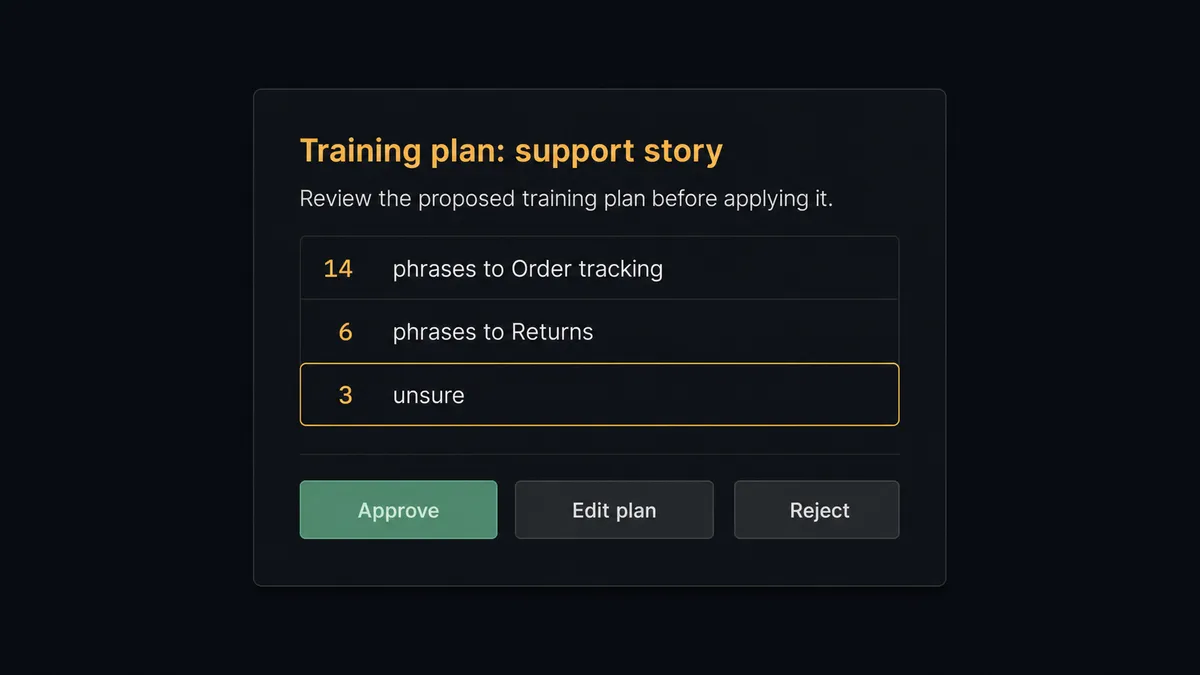 A dark #0C0E12 Slack-style approval card titled "Training plan: support story"