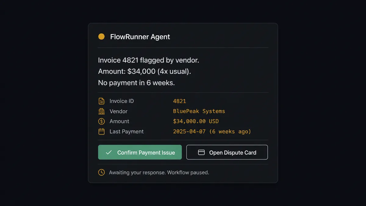 Dark Slack-style card notification on #0C0E12 background