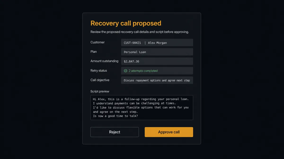 A dark approval card on a #0C0E12 field titled "Recovery call proposed"