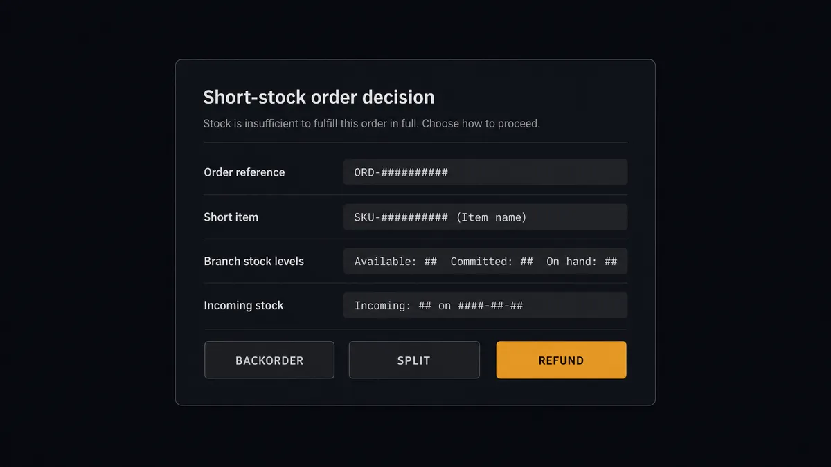 A dark approval card on a #0C0E12 field titled "Short-stock order decision"