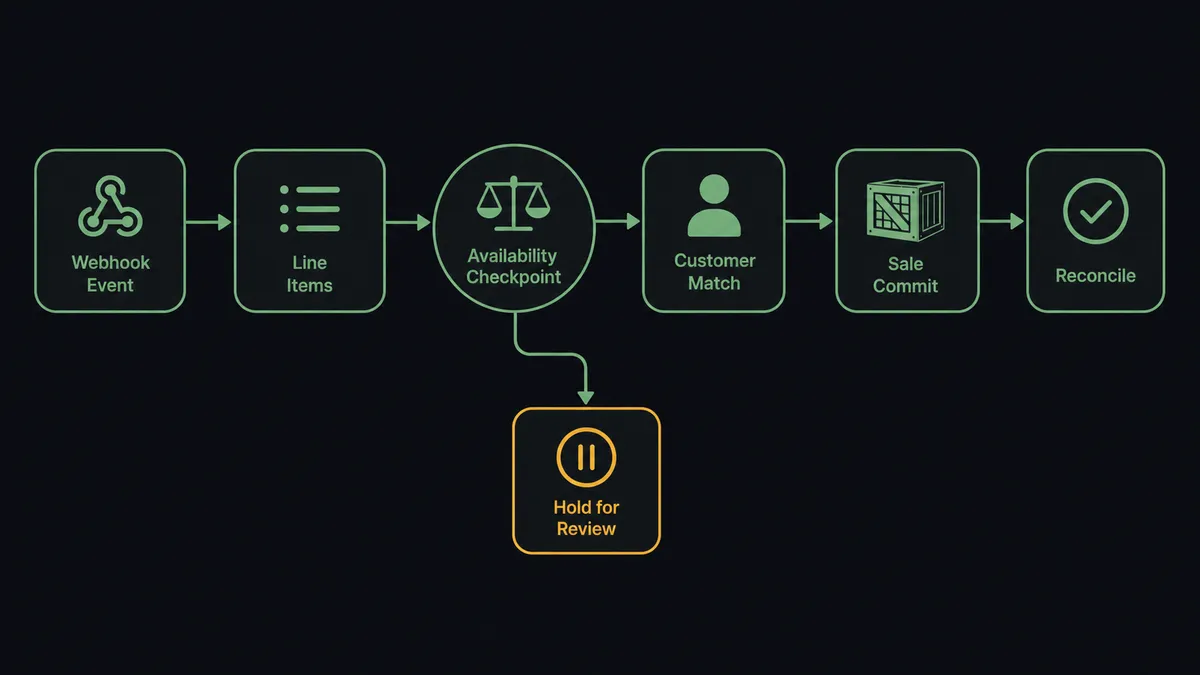 A dark horizontal flow diagram on a #0C0E12 field with six nodes: a webhook event node, a line-items node, an availability checkpoint drawn as a balance scale, a customer match node, a sale commit node shaped like a crate, and a reconcile node with a checkmark