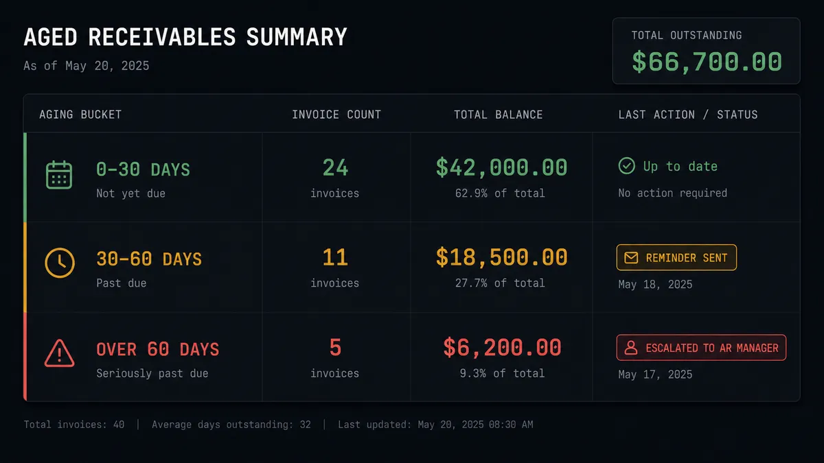 A dark dashboard panel showing an aged receivables summary