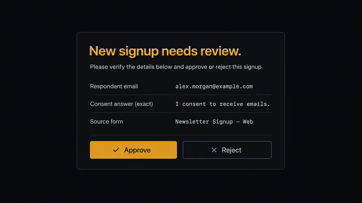 A dark Slack-style approval card on a #0C0E12 field titled "New signup needs review