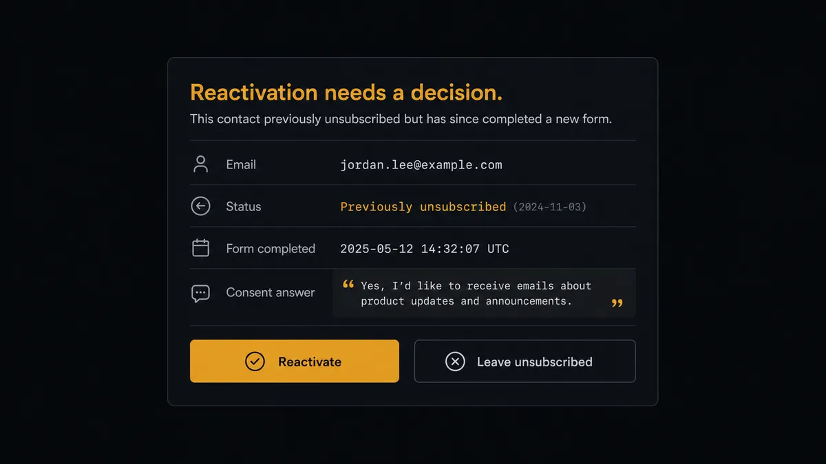 A dark Slack-style approval card on a #0C0E12 field titled "Reactivation needs a decision