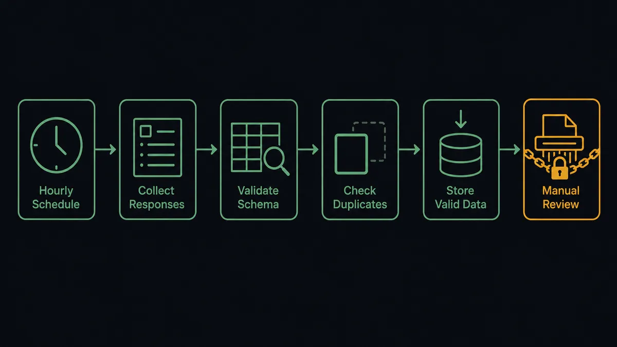 A dark horizontal flow diagram on a #0C0E12 field with six nodes left to right: a clock for the hourly schedule, a form card with answer lines, a schema-check node drawn as a table outline under a lens, a duplicate-check node holding a tile against a faded twin, a database cylinder receiving tiles, and a shredder icon behind a chain barrier