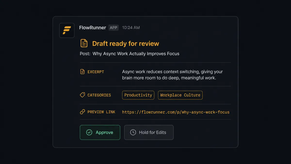 Dark Slack message card showing an editorial approval request from a FlowRunner agent