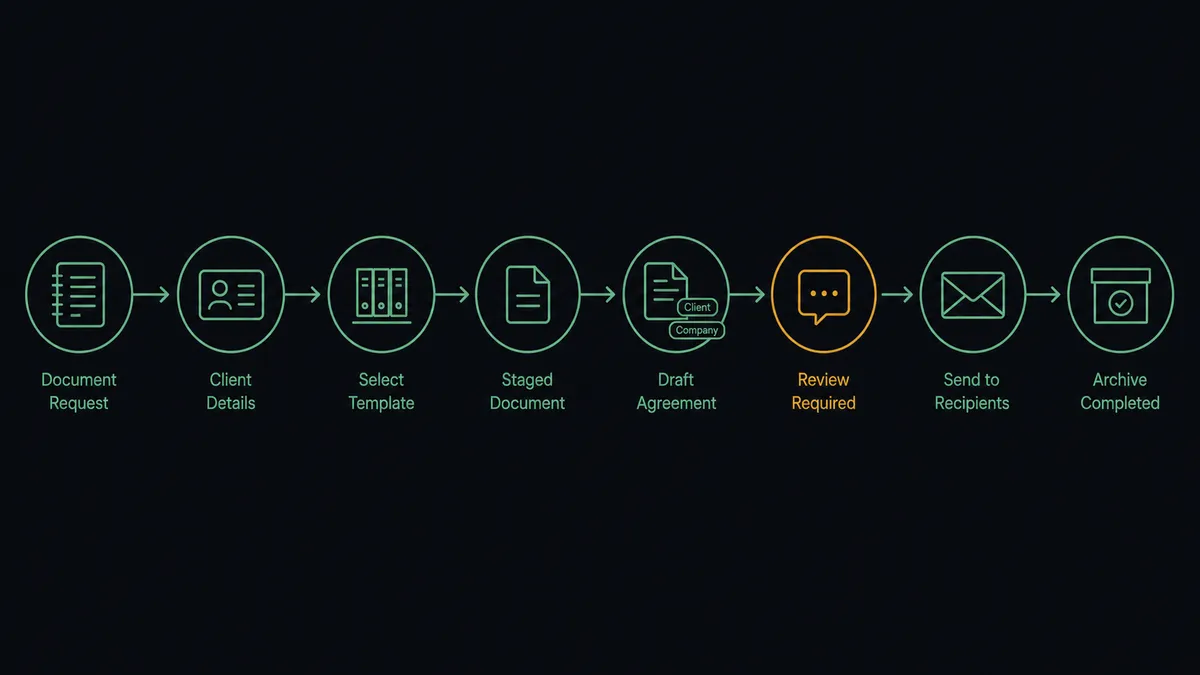 A dark horizontal flow diagram on a #0C0E12 field with seven nodes: a ledger-page node, a client detail node, a template shelf node, a staged document node, a draft agreement node with recipient tags, a send node shaped like a sealed envelope, and an archive node with a checkmark