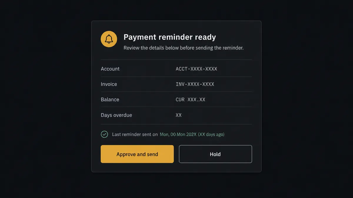 A dark Slack-style approval card on a #0C0E12 field titled "Payment reminder ready"