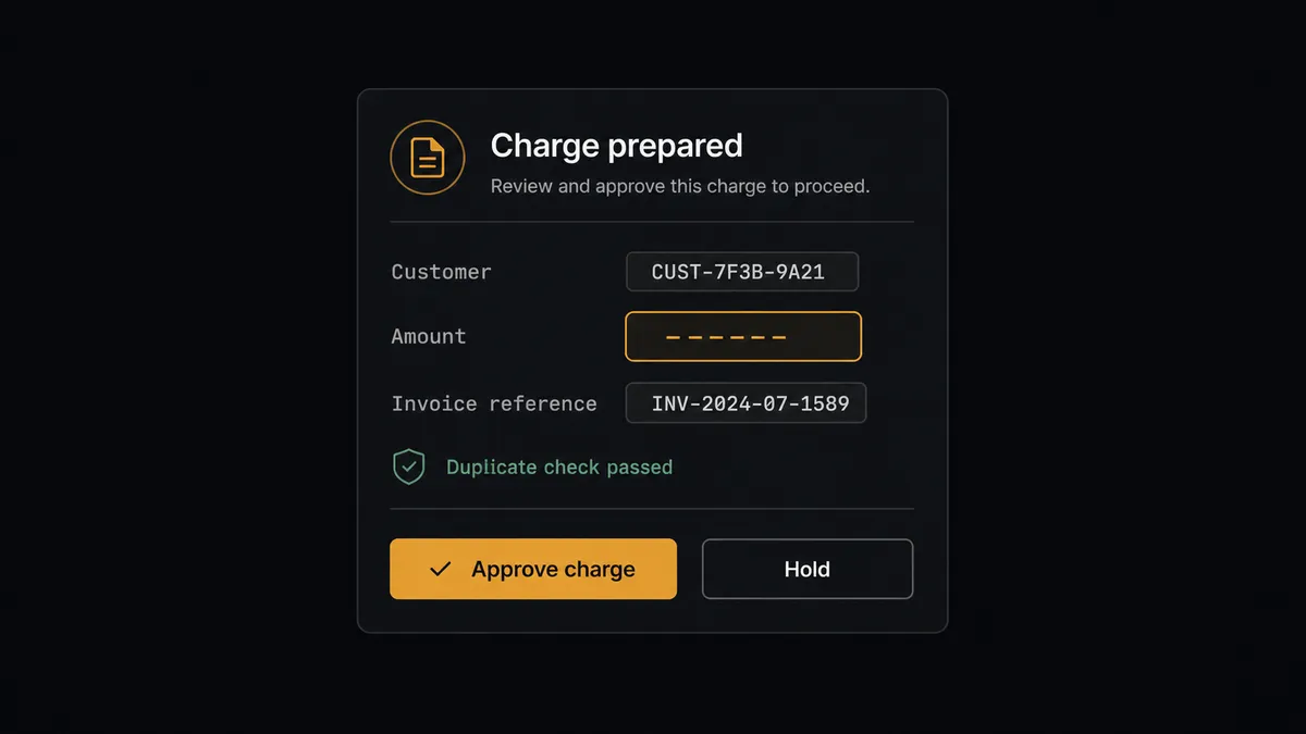 A dark Slack-style approval card on a #0C0E12 field titled "Charge prepared"