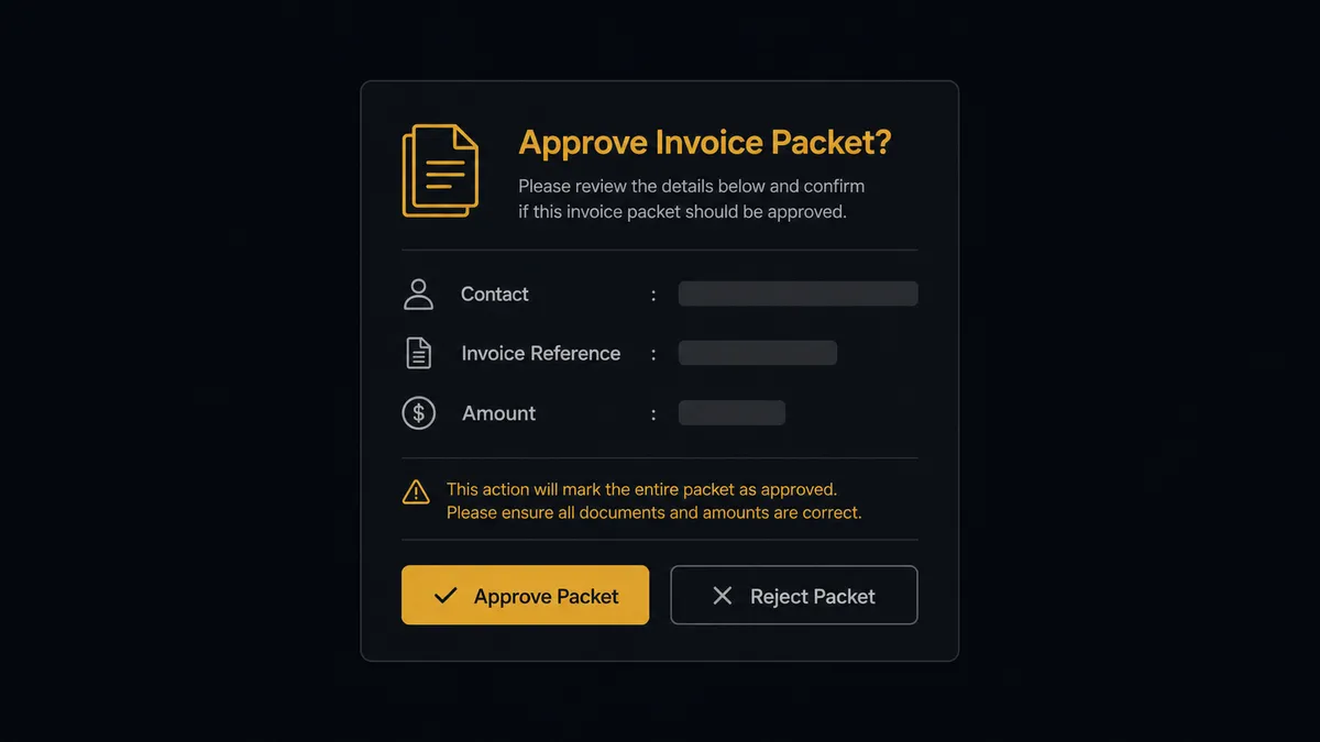 A dark approval-card mockup on a #0C0E12 field: a compact card with a document-packet icon, rows for contact, invoice reference, and amount rendered as abstract placeholder bars, a note line flagged beneath them, and approve and reject buttons with the approve button in amber