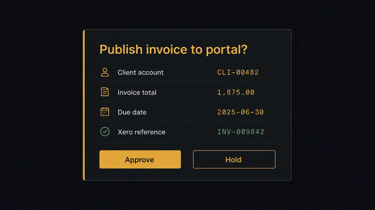 A dark approval card on a #0C0E12 field, styled like a chat message with an amber left border