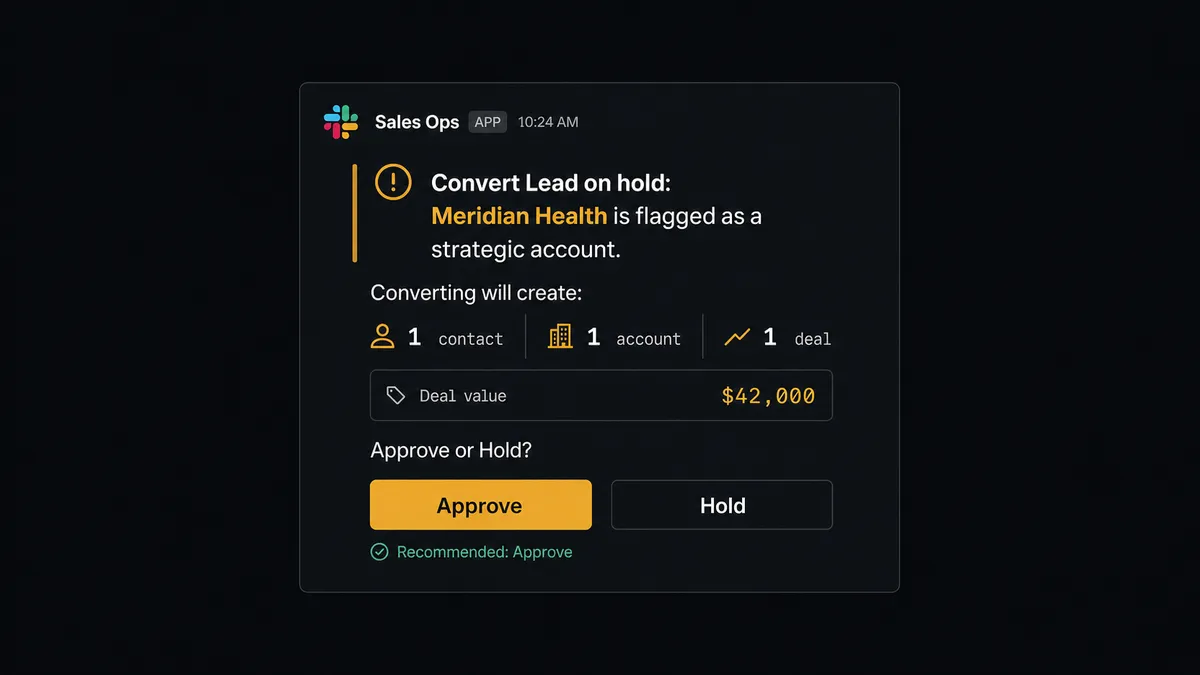 A Slack message card on a dark background reads "Convert Lead on hold: Meridian Health is flagged as a strategic account