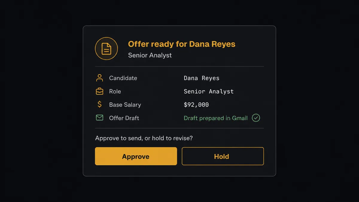 A Slack-style approval card on a dark background reading "Offer ready for Dana Reyes, Senior Analyst, base $92,000