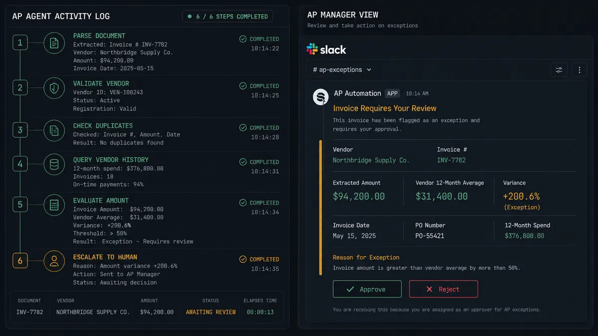 Screenshot of the FlowRunner platform showing a split view with the workflow execution log on the left and the corresponding NetSuite vendor bill record on the right