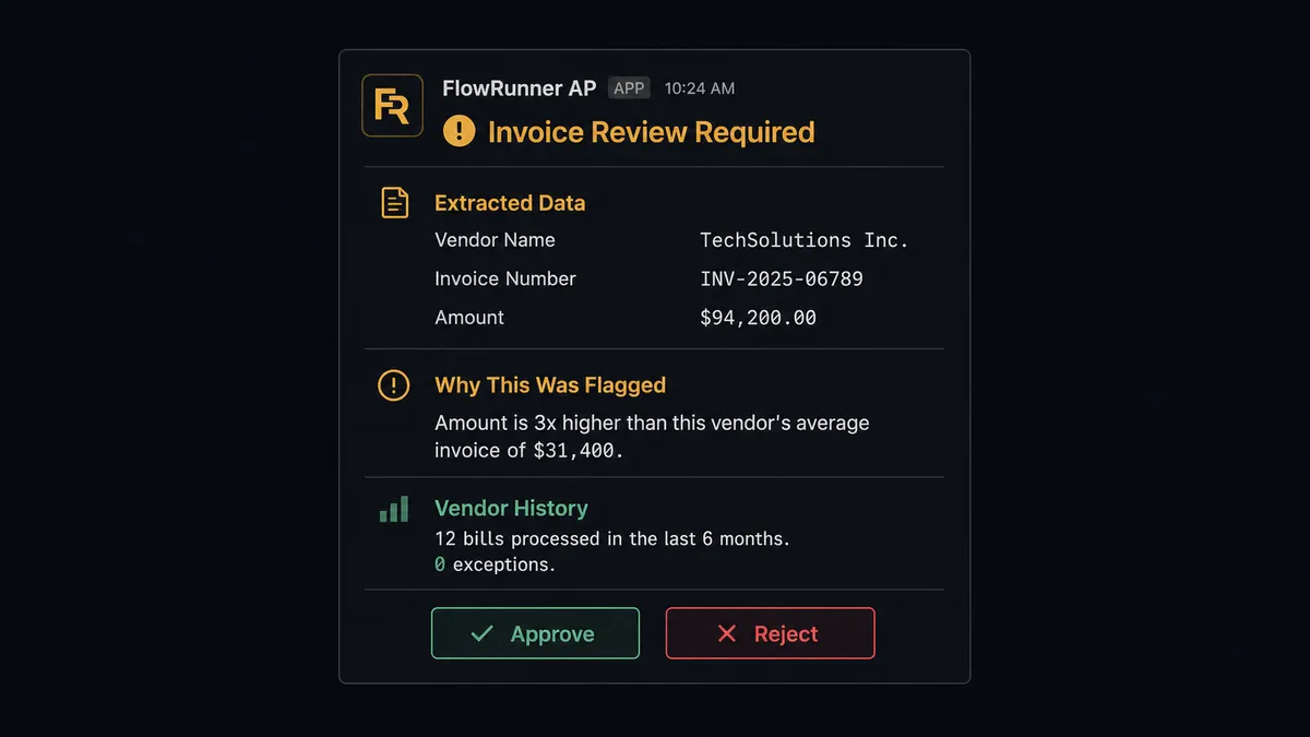 Screenshot of the FlowRunner Slack notification preview showing an AP escalation card with vendor history fields and Approve / Reject / Review in Acumatica buttons